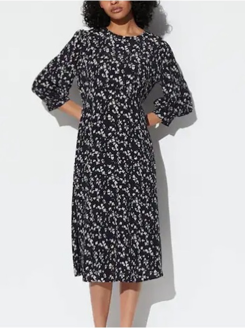 Uniqlo Black Floral Midi Dress with Puff Sleeves
